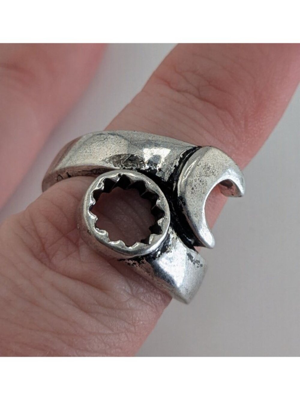 Industrial Biker Mechanic Wrench Ring Silver Tone Fixed Size Statement